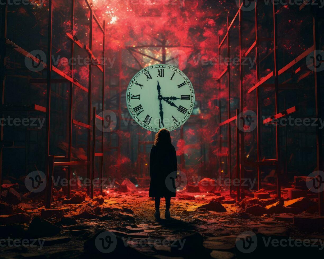 a person standing in front of a large clock generative ai photo