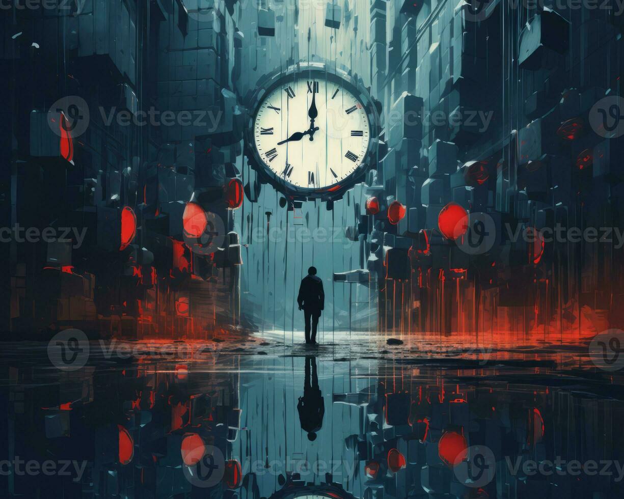 a person standing in the middle of a city with a clock on the wall generative ai photo