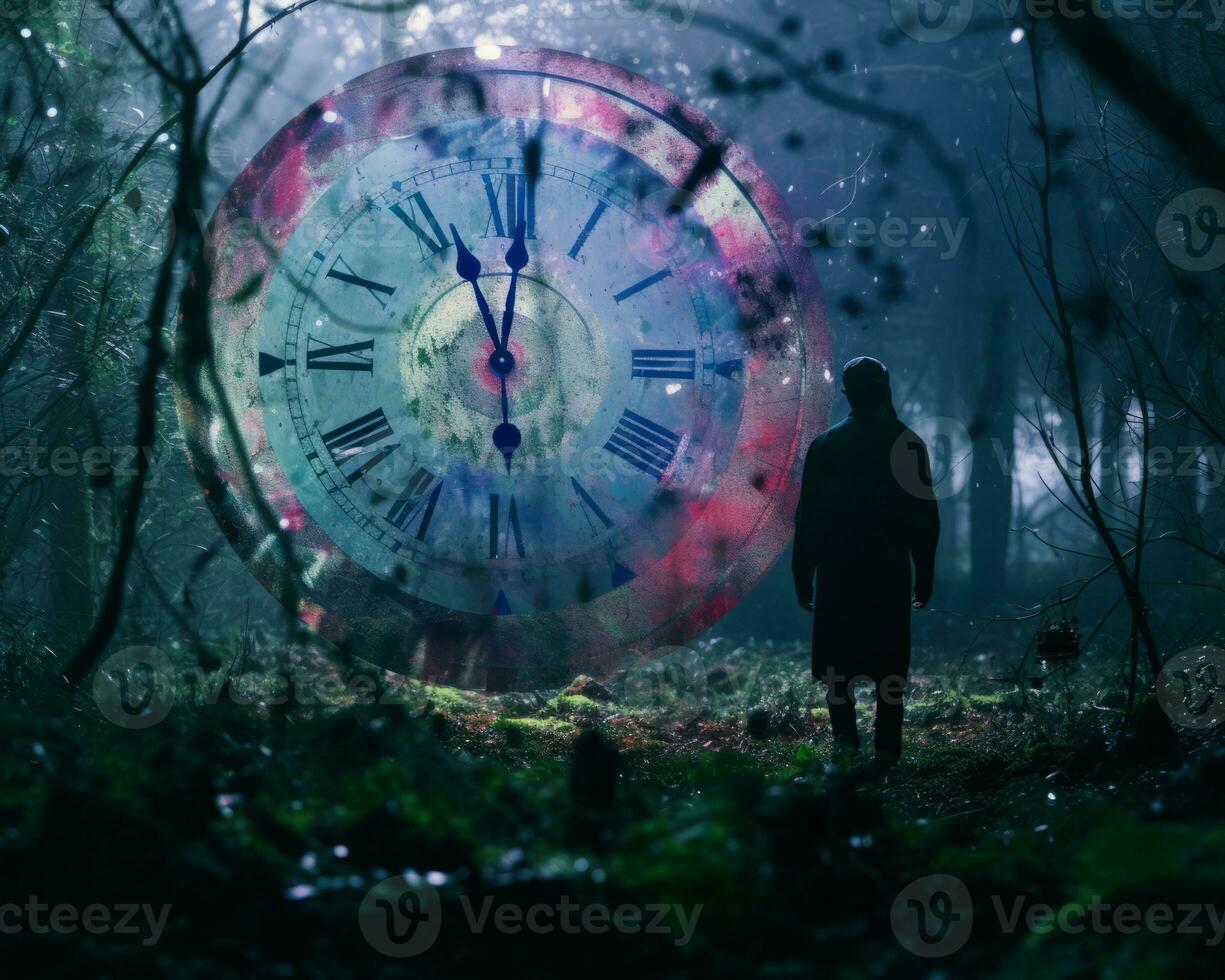 a person standing in the middle of a forest with a large clock in the background generative ai photo