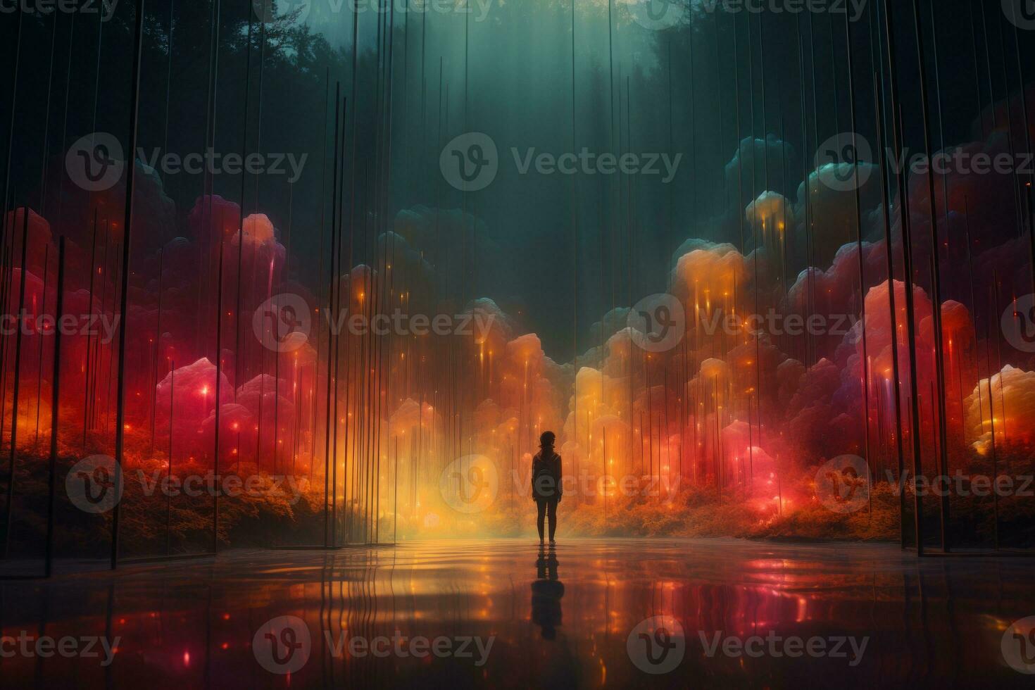a person standing in the middle of a forest with colorful lights generative ai photo