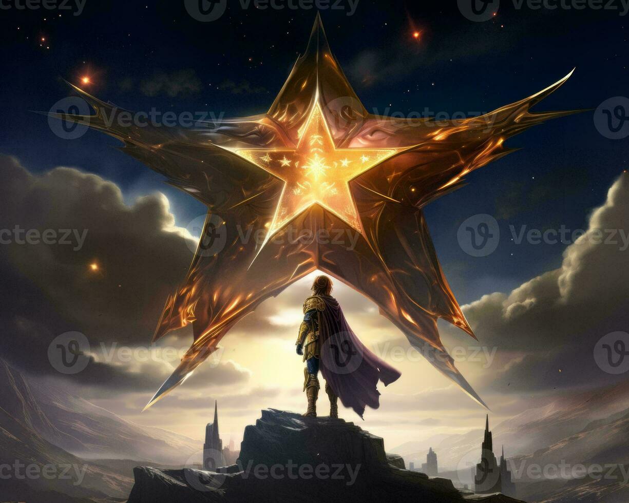 a person standing on top of a mountain with a star in the background generative ai photo