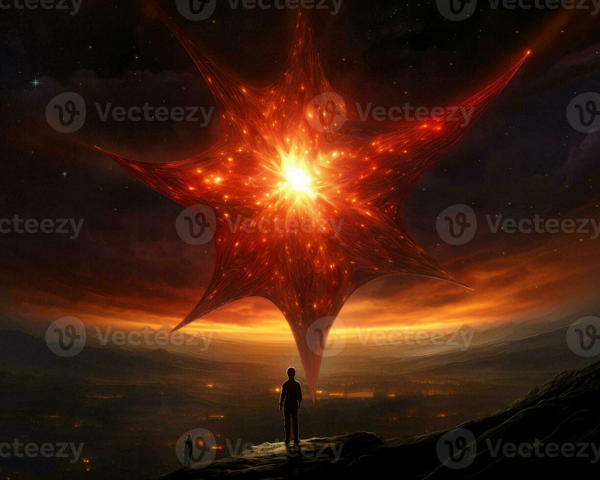 a person standing on top of a mountain looking at a star generative ai photo