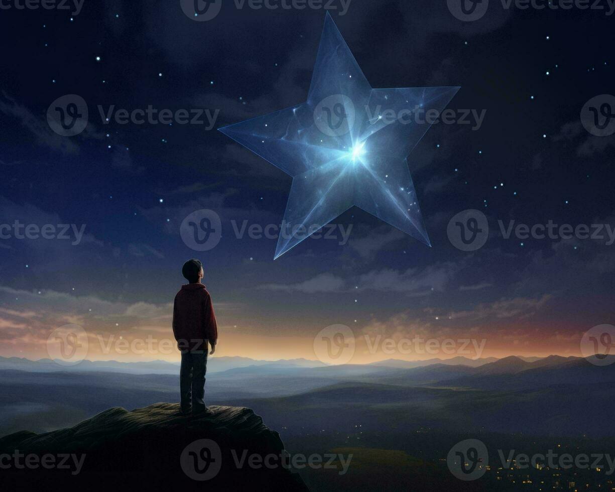 a person standing on top of a mountain looking at a star generative ai photo