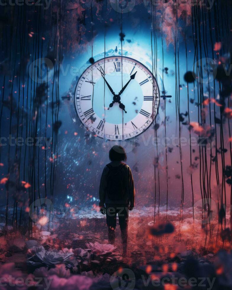 a person walking through a dark forest with a clock in the background generative ai photo