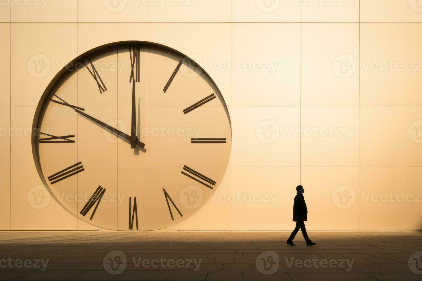 a person walking past a large clock on a wall generative ai photo