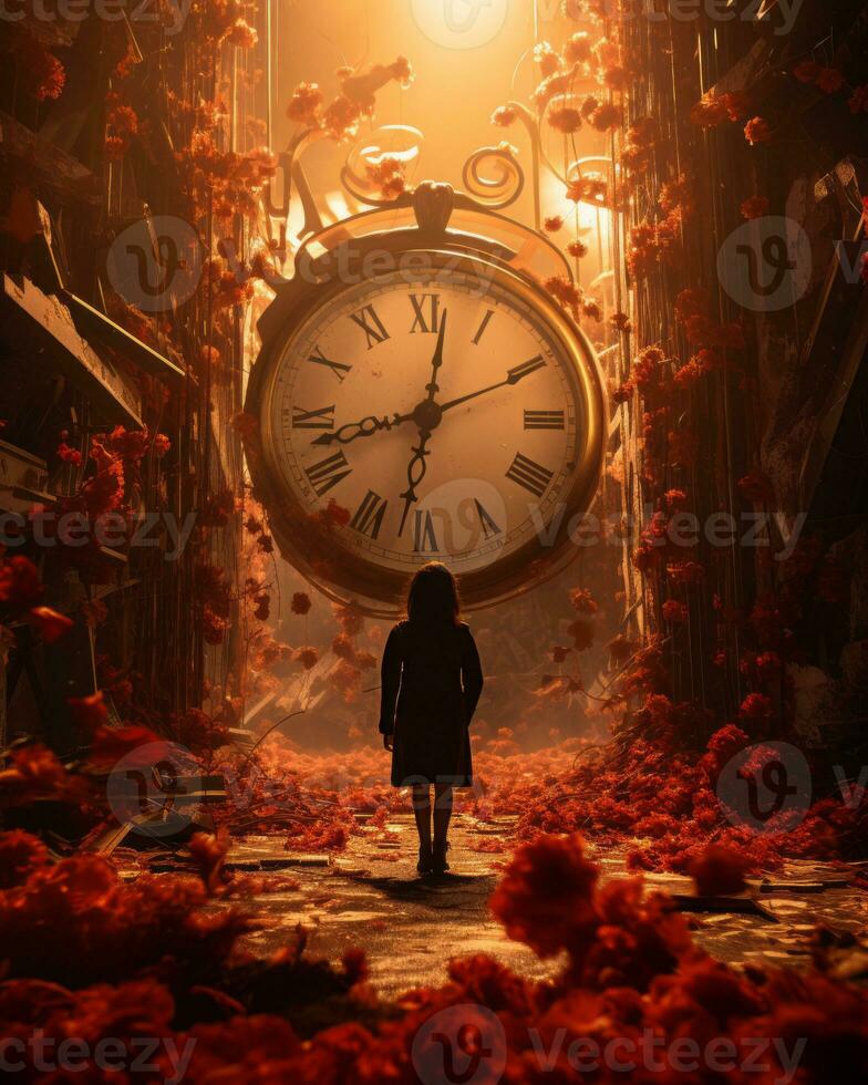a person walking through a tunnel with a large clock in the middle of it generative ai photo