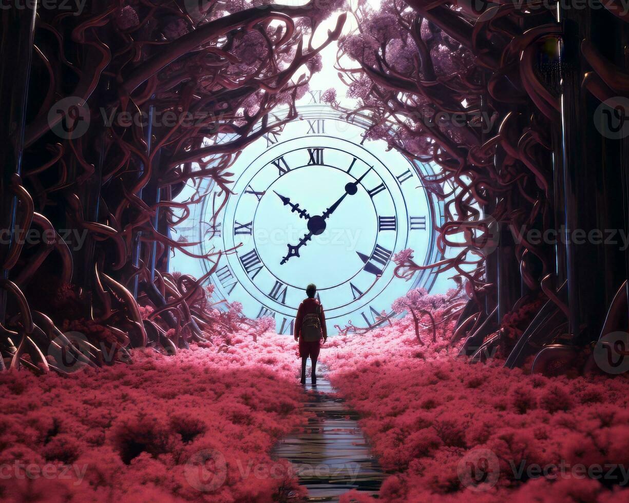 a person walking through a forest with a clock in the middle generative ai photo