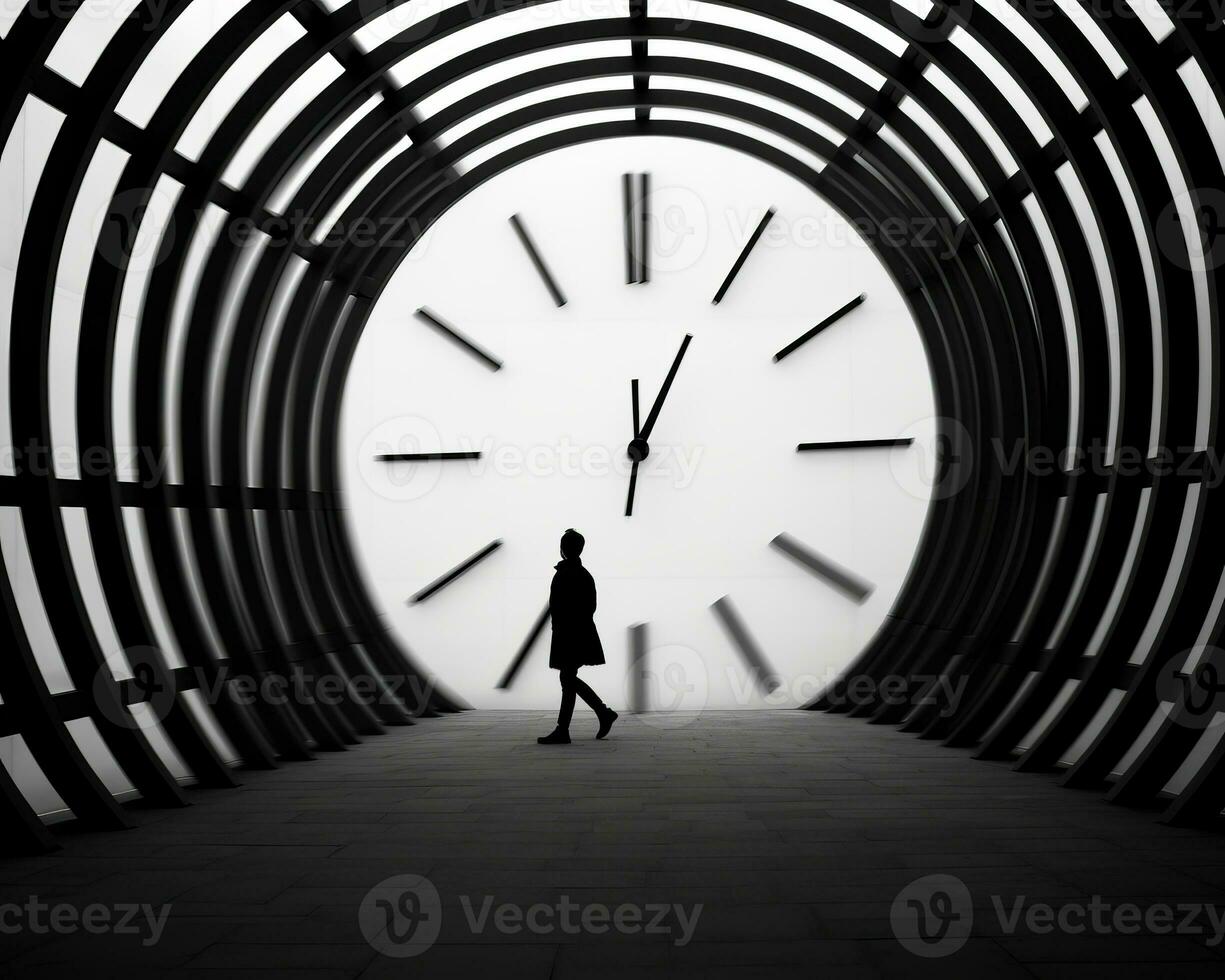 a person walking through a tunnel with a large clock generative ai photo