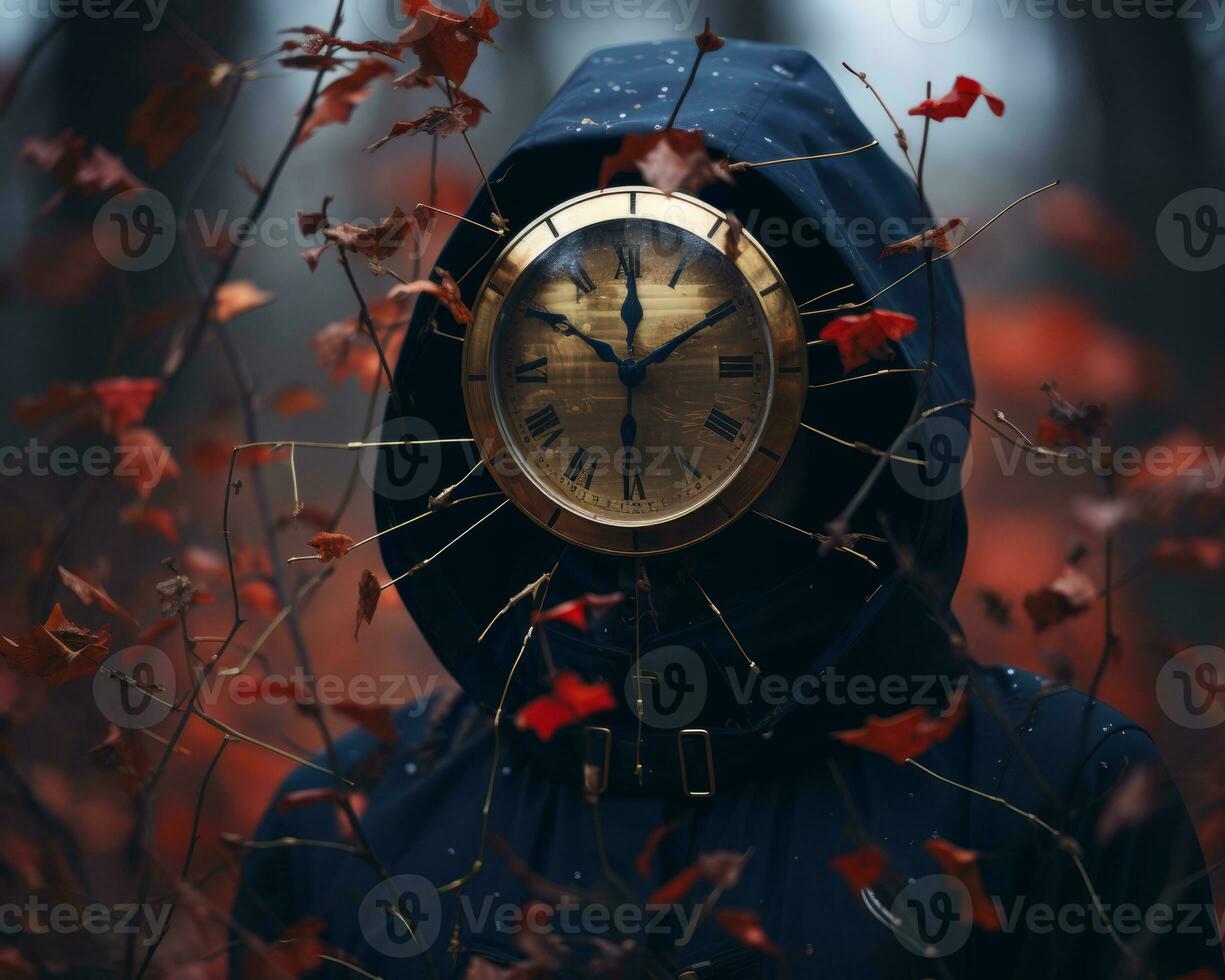 a person wearing a hood with a clock on their face generative ai photo
