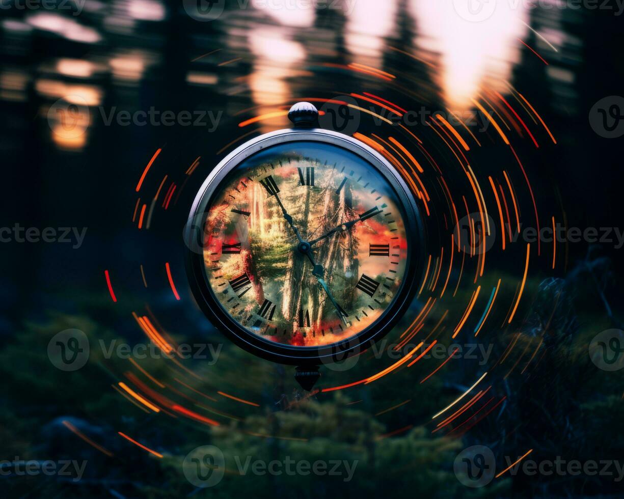 a picture of a clock that is in the middle of a forest generative ai photo