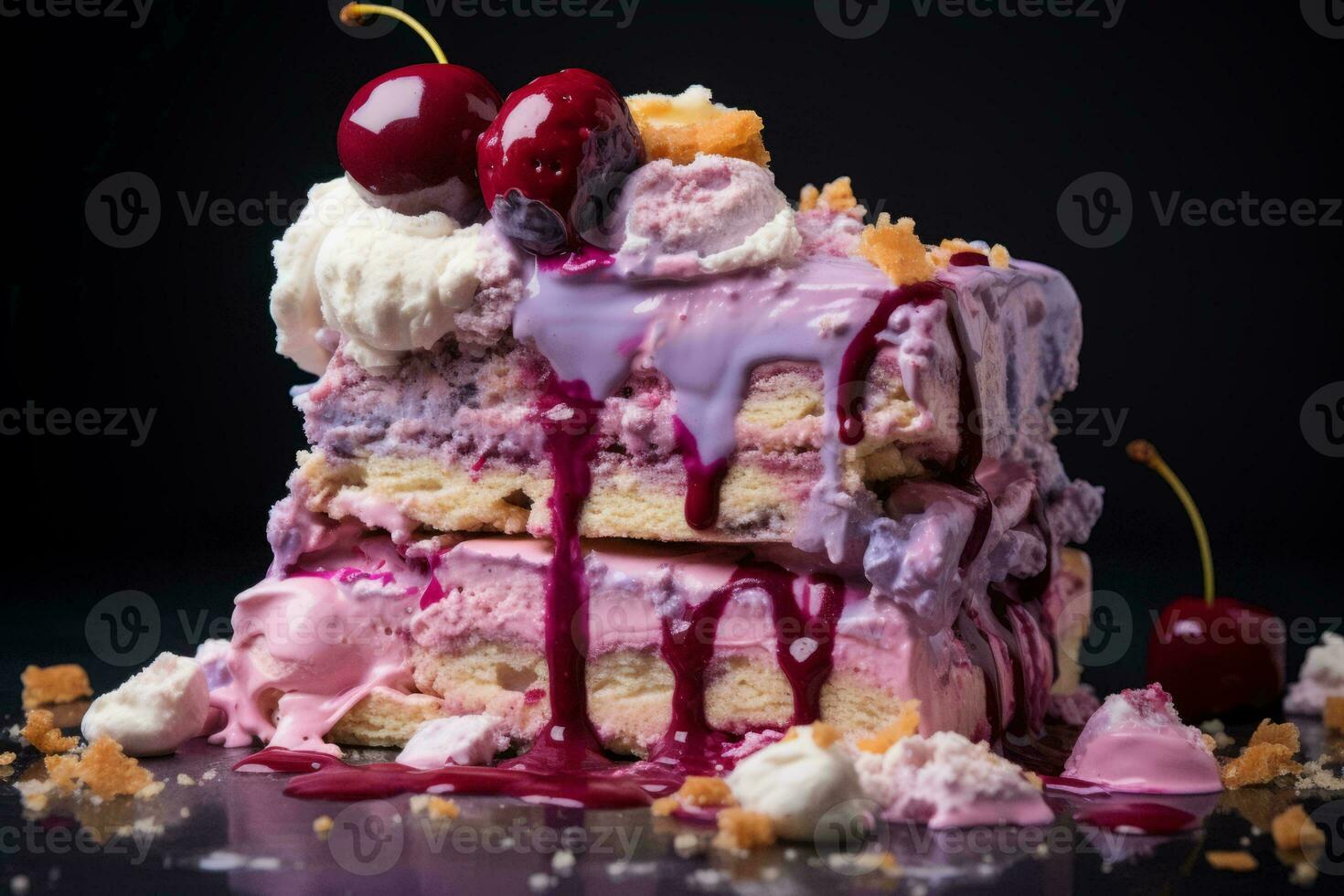 a piece of ice cream cake with cherries on top generative ai photo