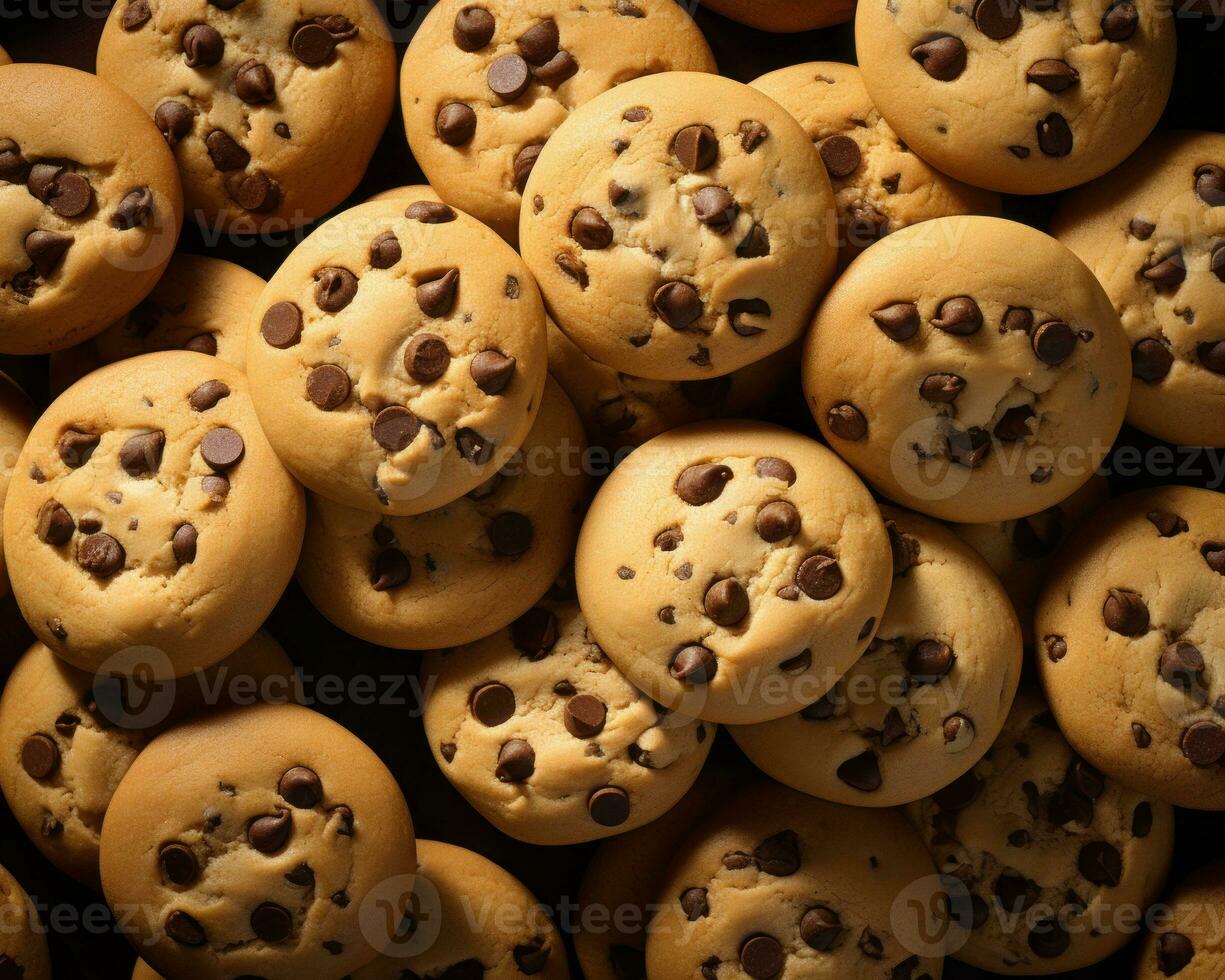 a pile of chocolate chip cookies on a black background generative ai photo