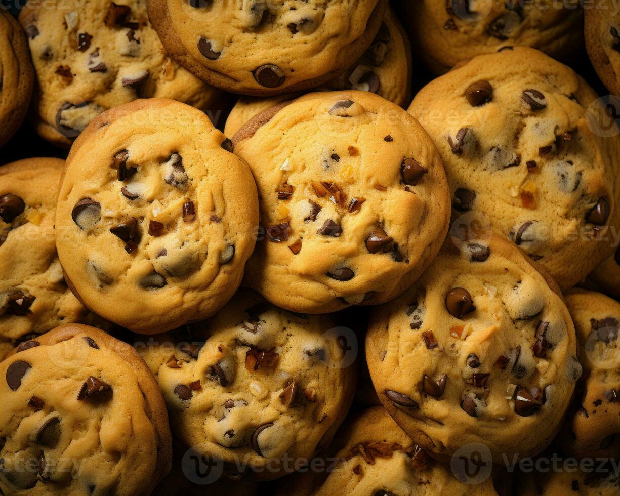 a pile of chocolate chip cookies on a black background generative ai photo