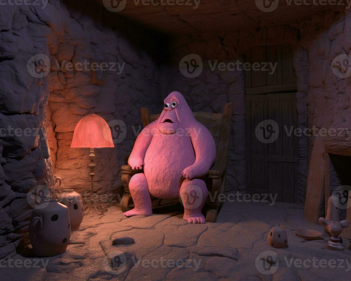 a pink monster sitting in a chair in a dark room generative ai photo