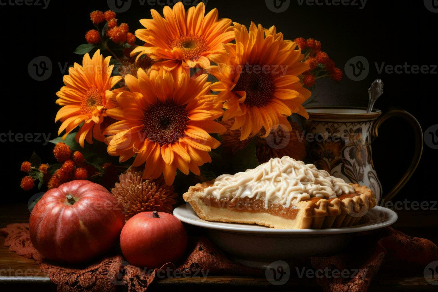 a plate with a pie and flowers next to a cup of coffee and a vase of sunflowers generative ai photo