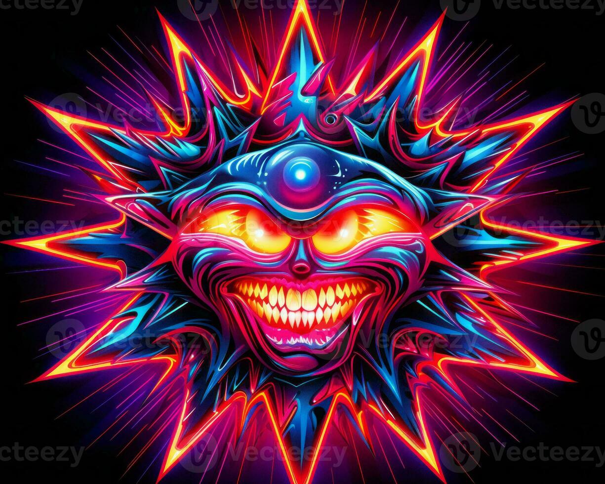a psychedelic sun with glowing eyes on a black background generative ai photo