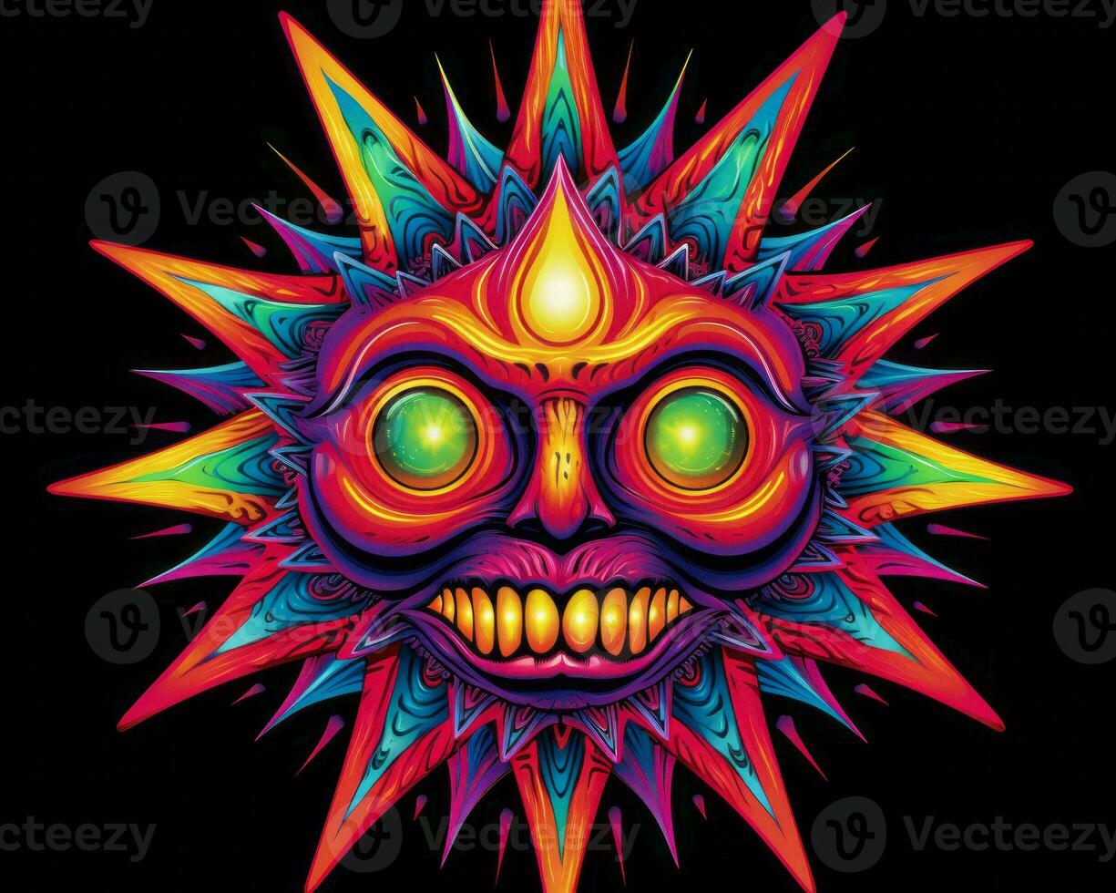 a psychedelic sun face with bright eyes on a black background generative ai photo