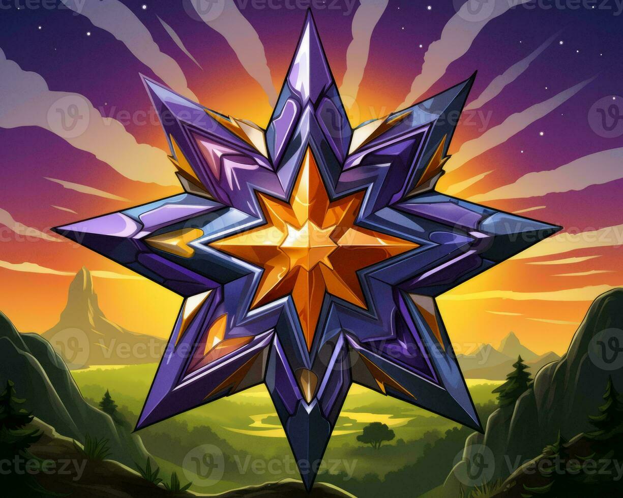 a purple star in the middle of a field with mountains in the background generative ai photo