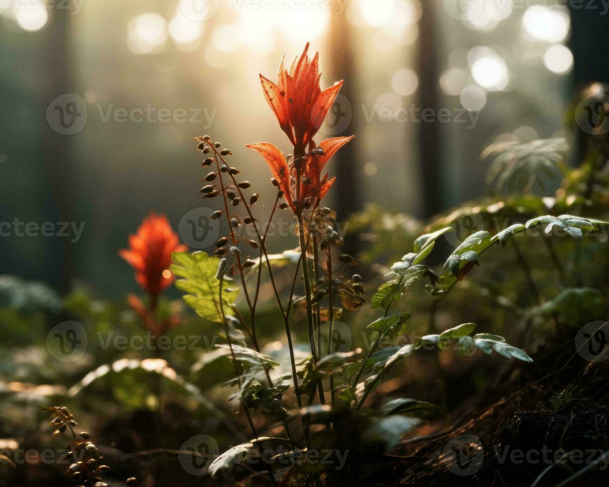 a red flower in the forest with the sun shining through the trees generative ai photo