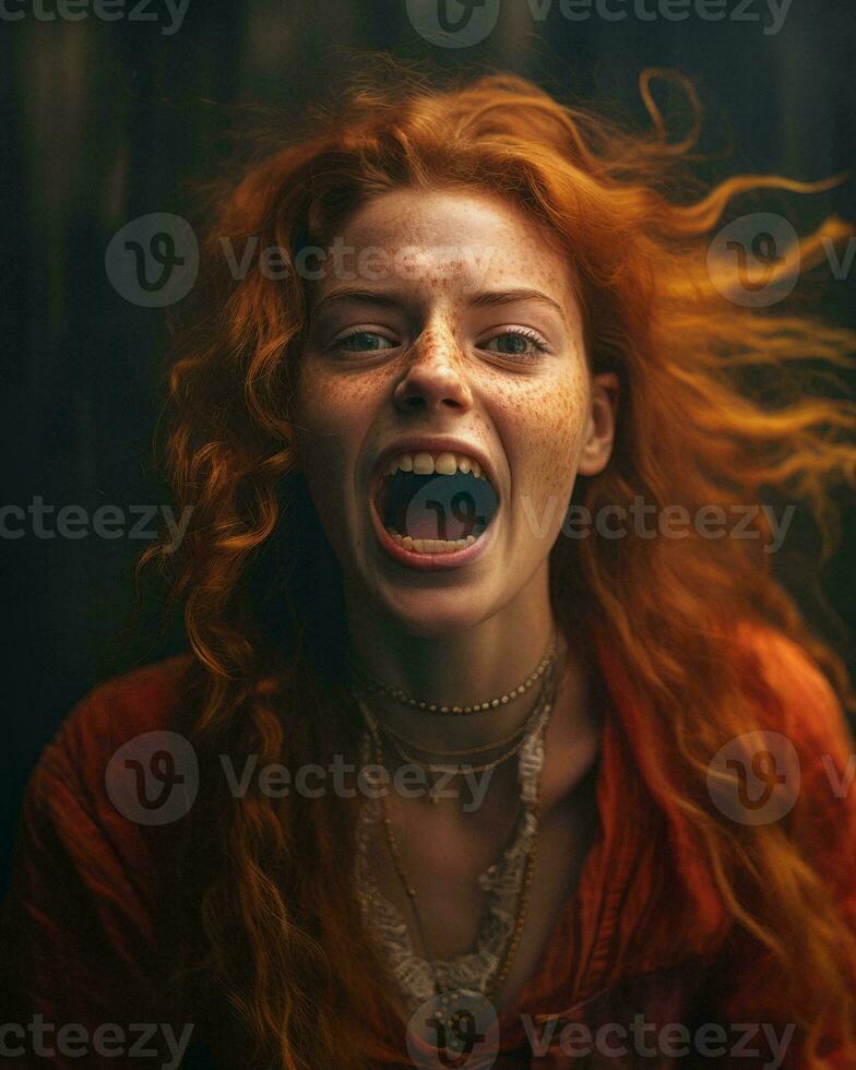 a red haired woman with her mouth open generative ai photo