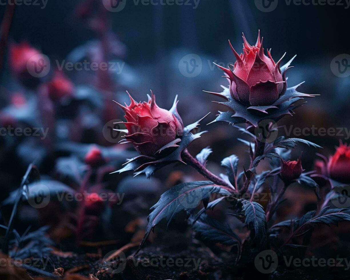 a red flower is growing in the dark generative ai photo