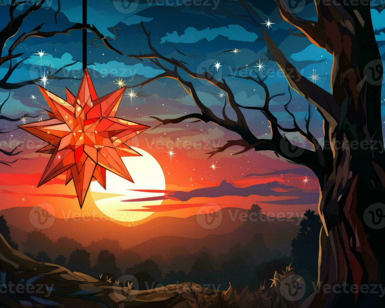 a red star hanging from a tree in the forest at sunset generative ai photo