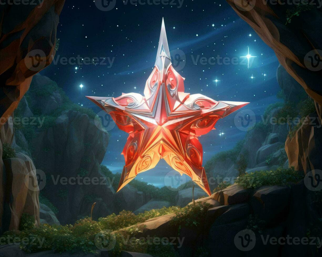 a red star in the middle of a cave with a mountain in the background generative ai photo