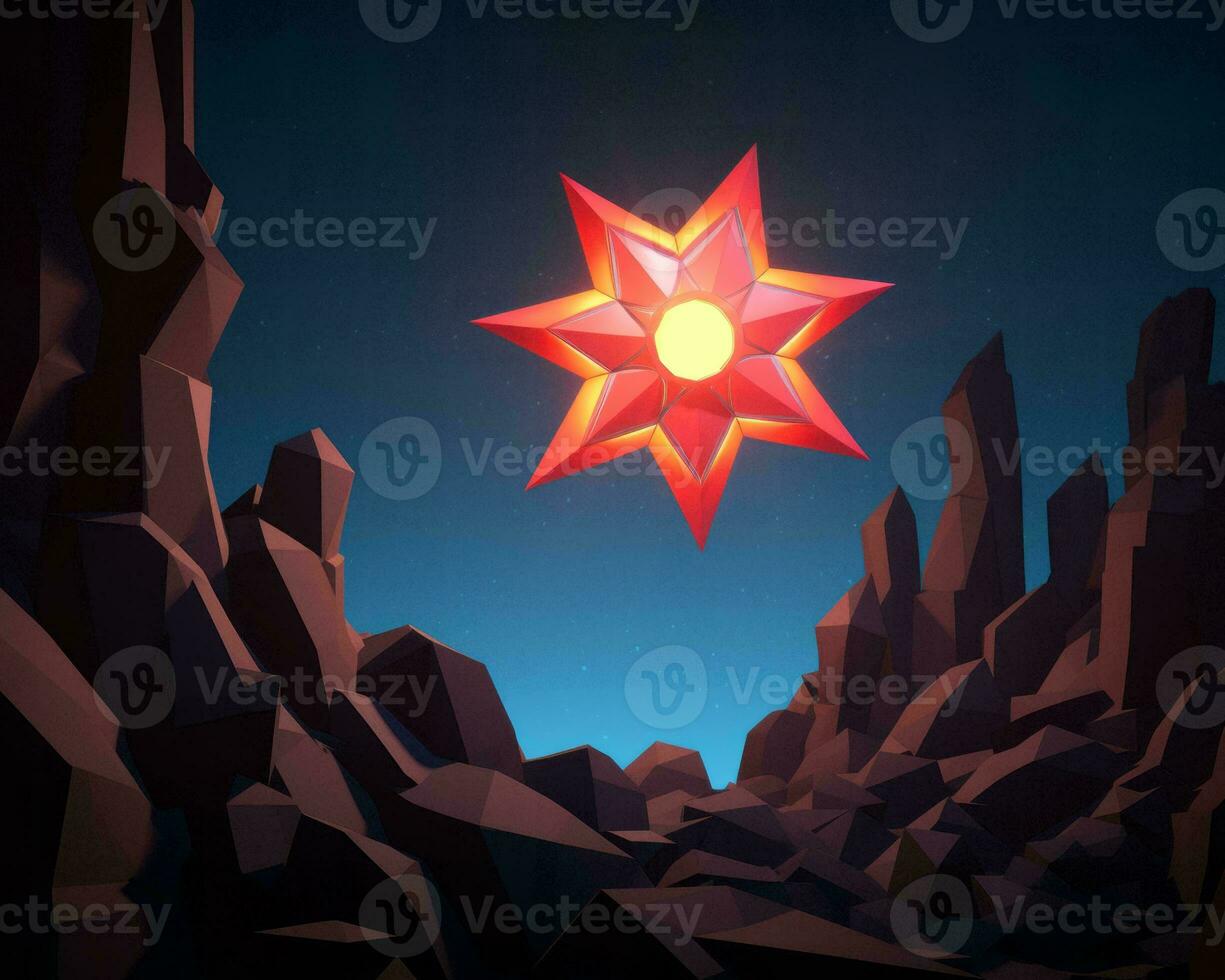 a red star in the middle of a rocky landscape generative ai photo