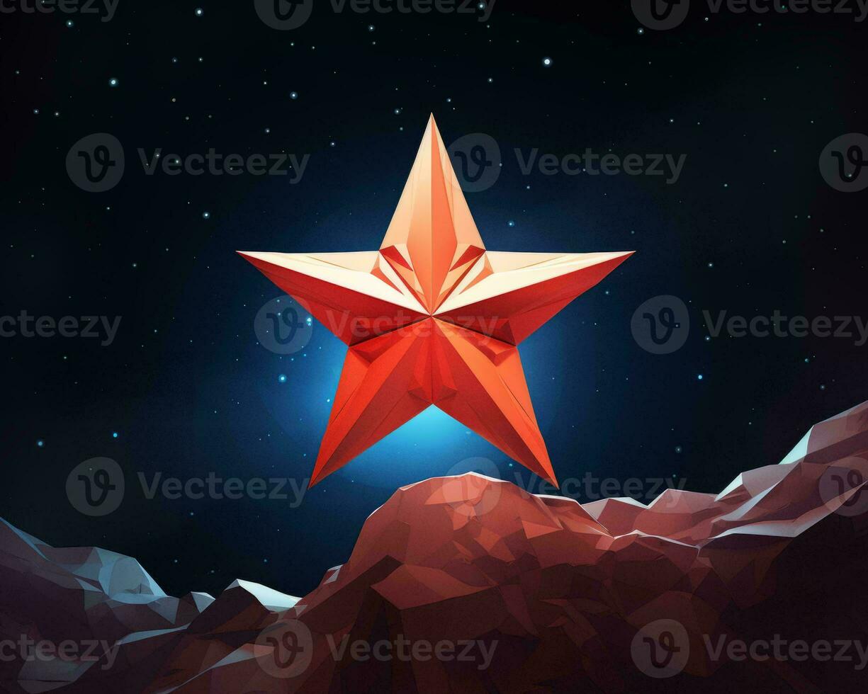 a red star on top of a mountain in the night sky generative ai photo