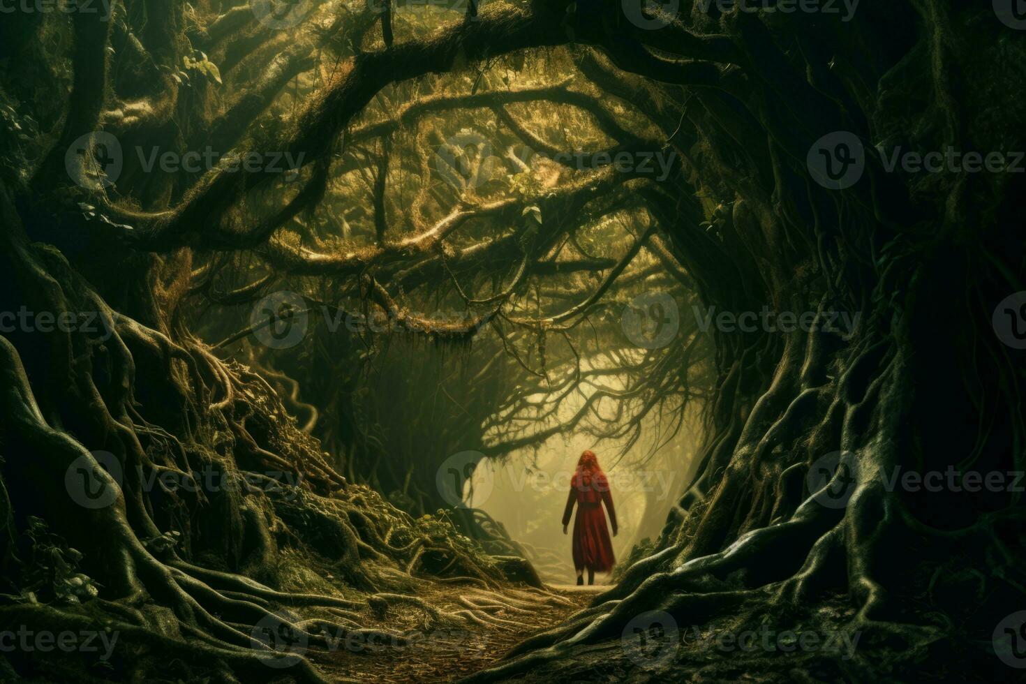 a red hooded woman walking through a dark forest generative ai photo