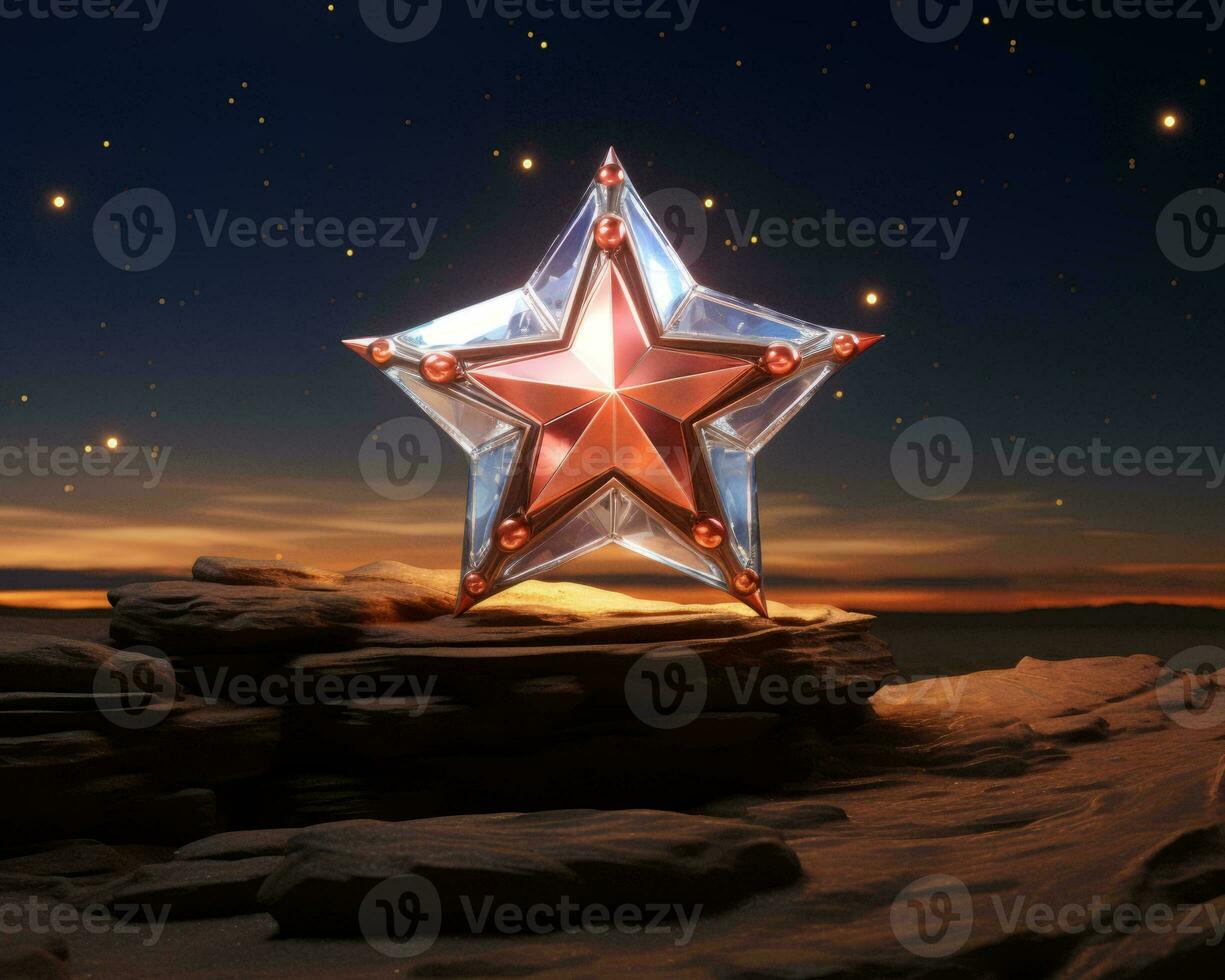 a red star on top of a rock in the night sky generative ai photo