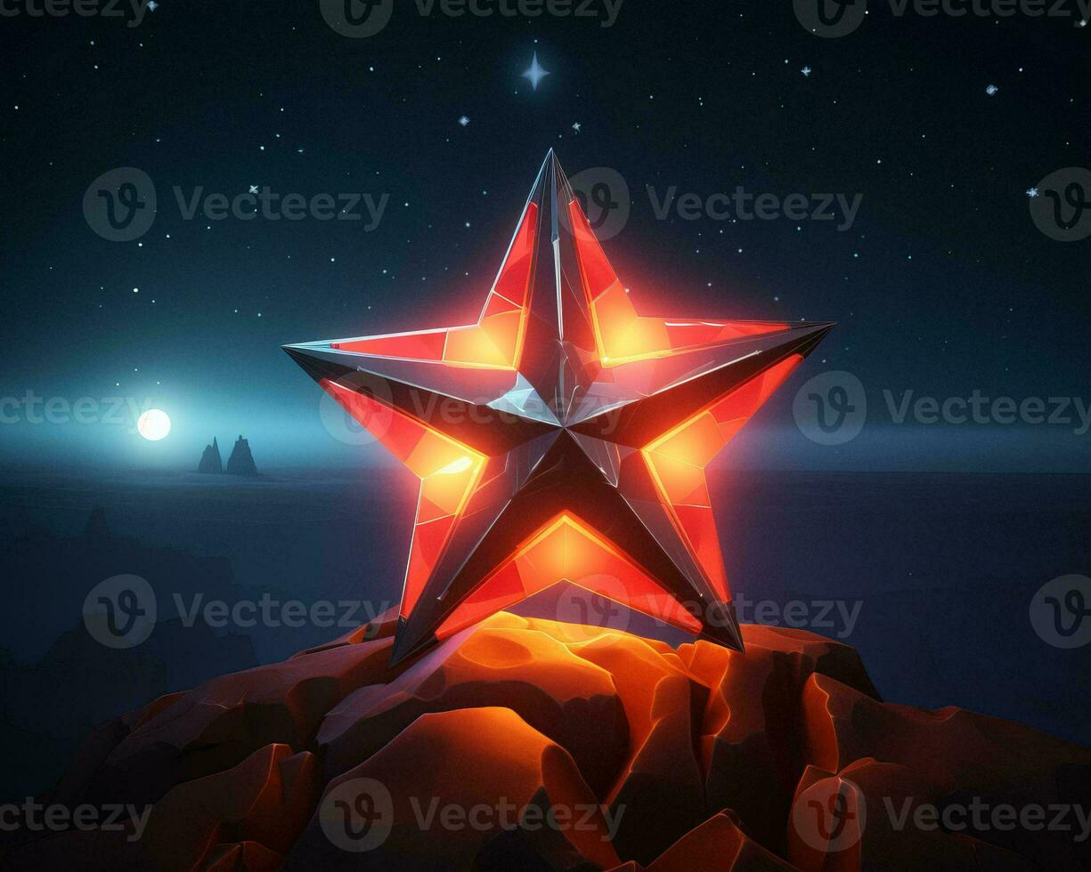 a red star on top of a mountain at night generative ai photo