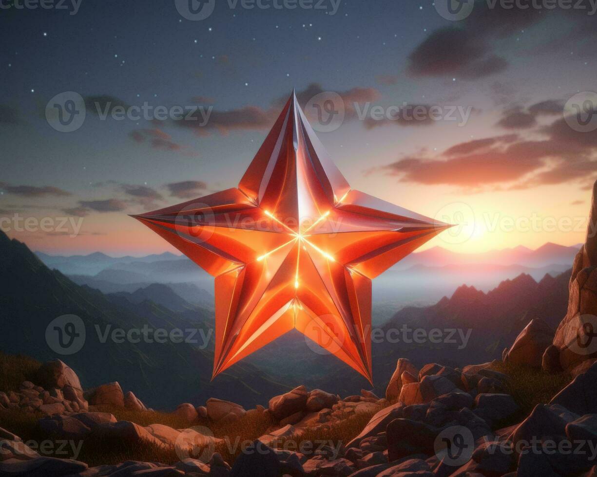 a red star on top of a mountain at night generative ai photo