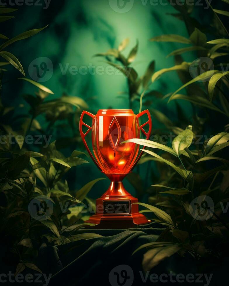 a red trophy sits in the middle of some plants generative ai photo
