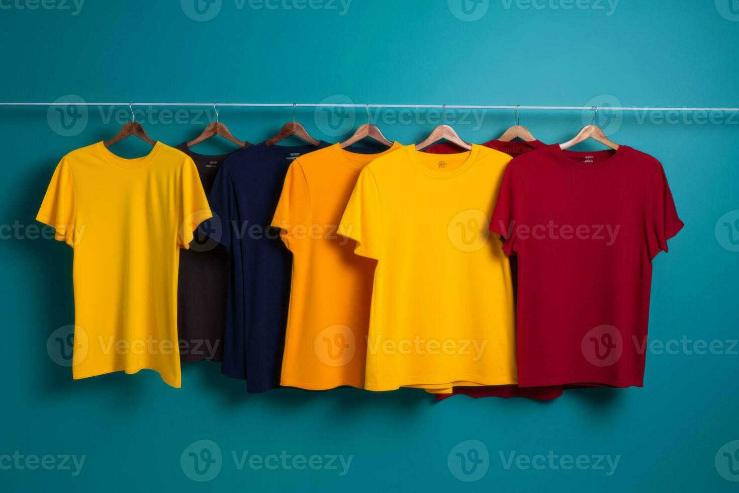 a row of colorful t - shirts hanging on a hanger generative ai photo