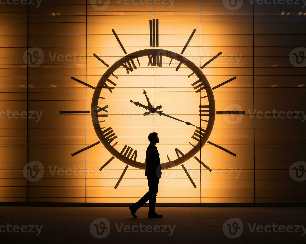 a silhouette of a man walking in front of a large clock generative ai photo