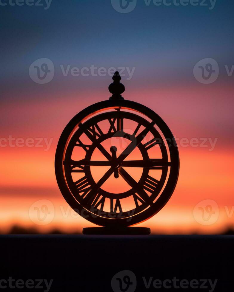 a silhouette of a clock against a sunset generative ai photo