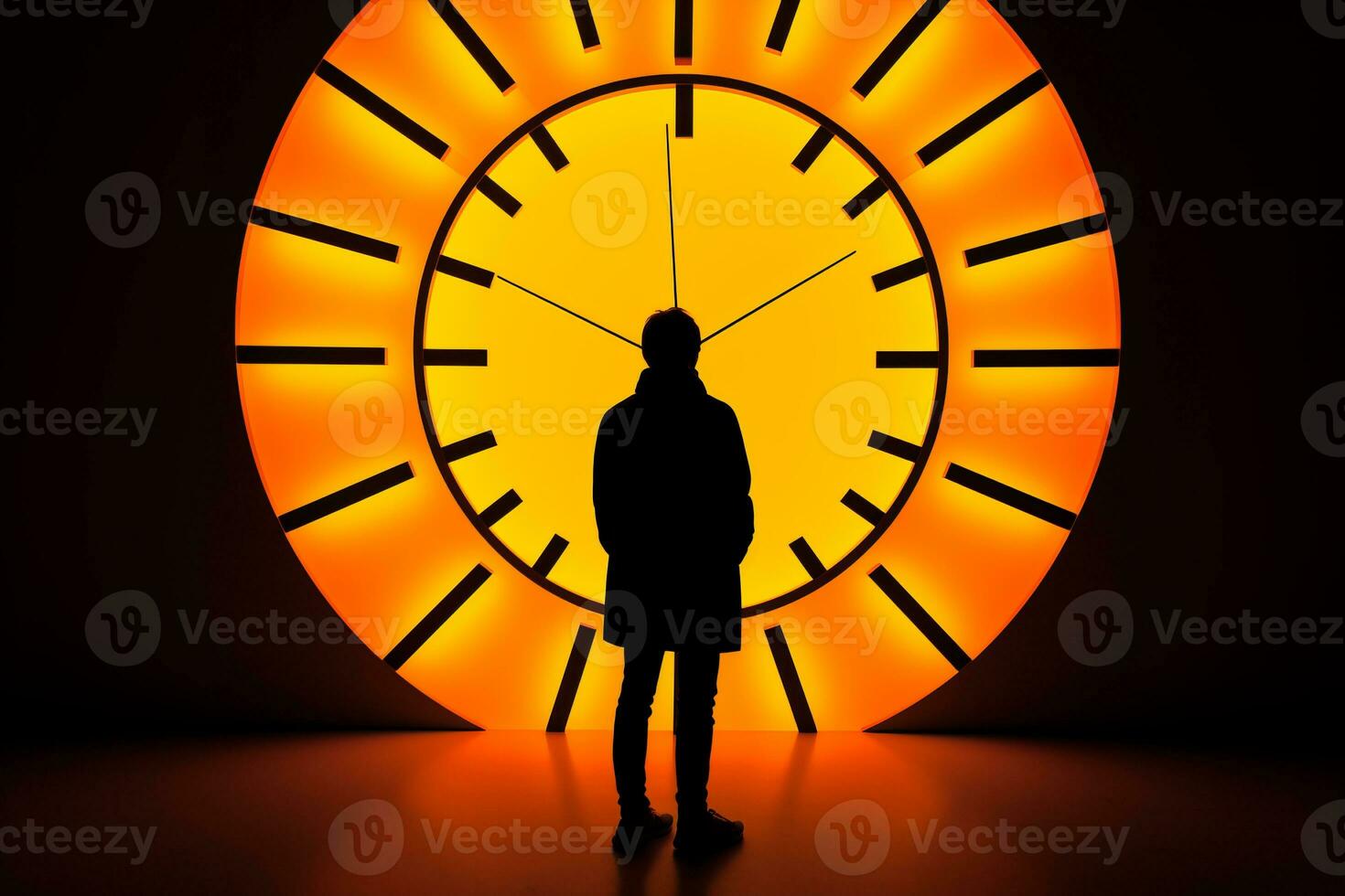 a silhouette of a person standing in front of a large clock generative ai photo