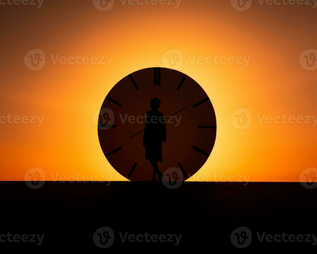 a silhouette of a woman standing in front of a large clock generative ai photo