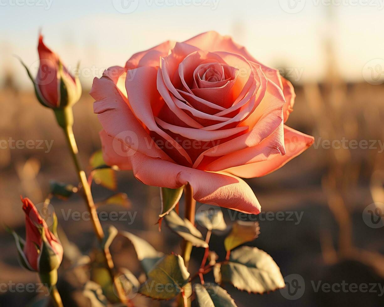 a single pink rose in the middle of a field generative ai photo