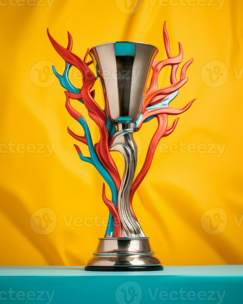 a silver trophy with colorful flames on a yellow background generative ai photo