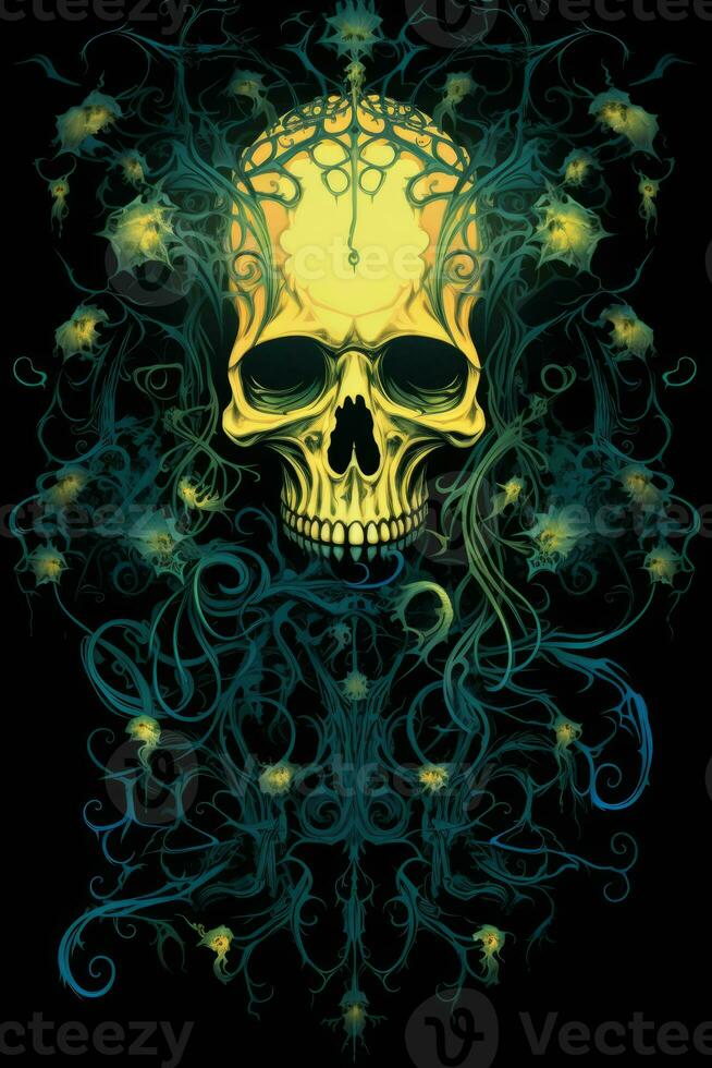 a skull with flowers and vines on a black background generative ai photo