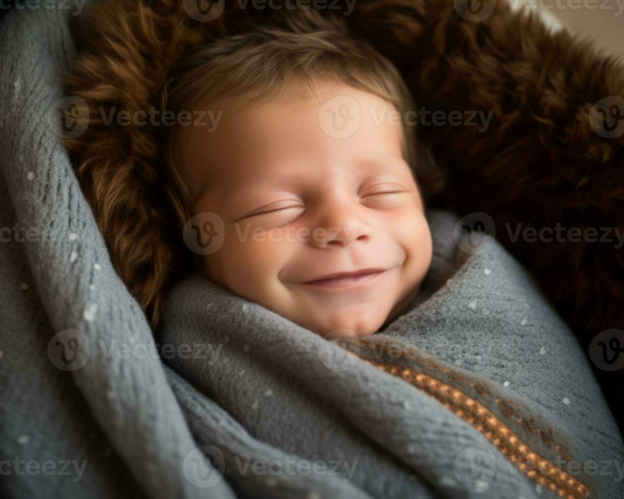 a smiling baby is wrapped in a blanket generative ai photo