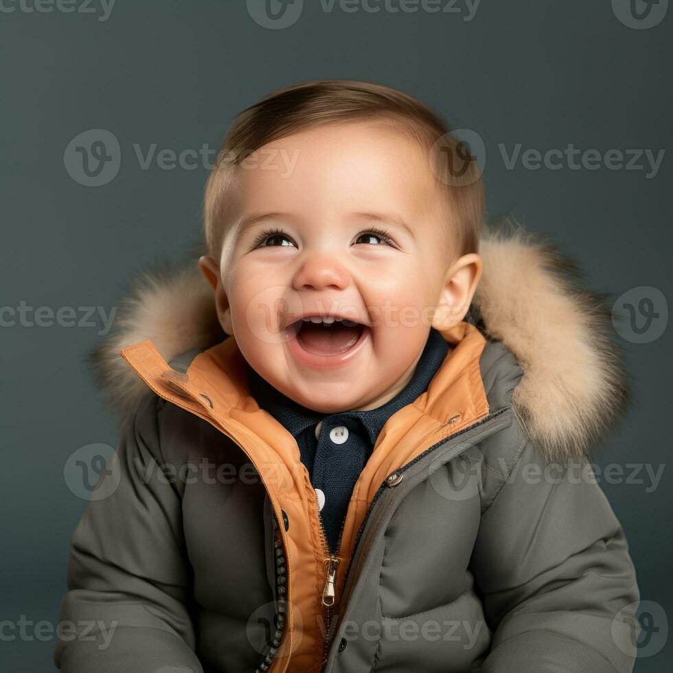 a smiling baby in a grey jacket with an orange collar generative ai photo