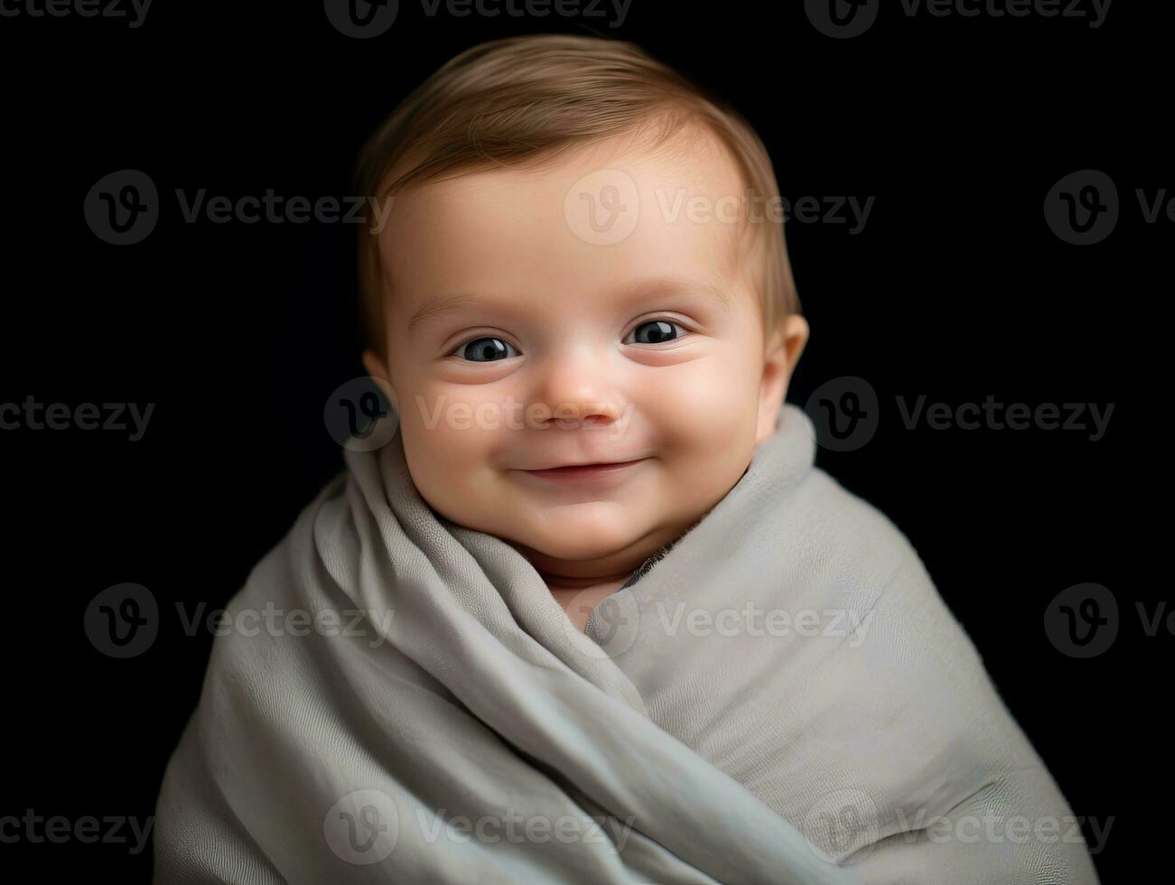 a smiling baby wrapped in a blanket on a black background generative ai photo