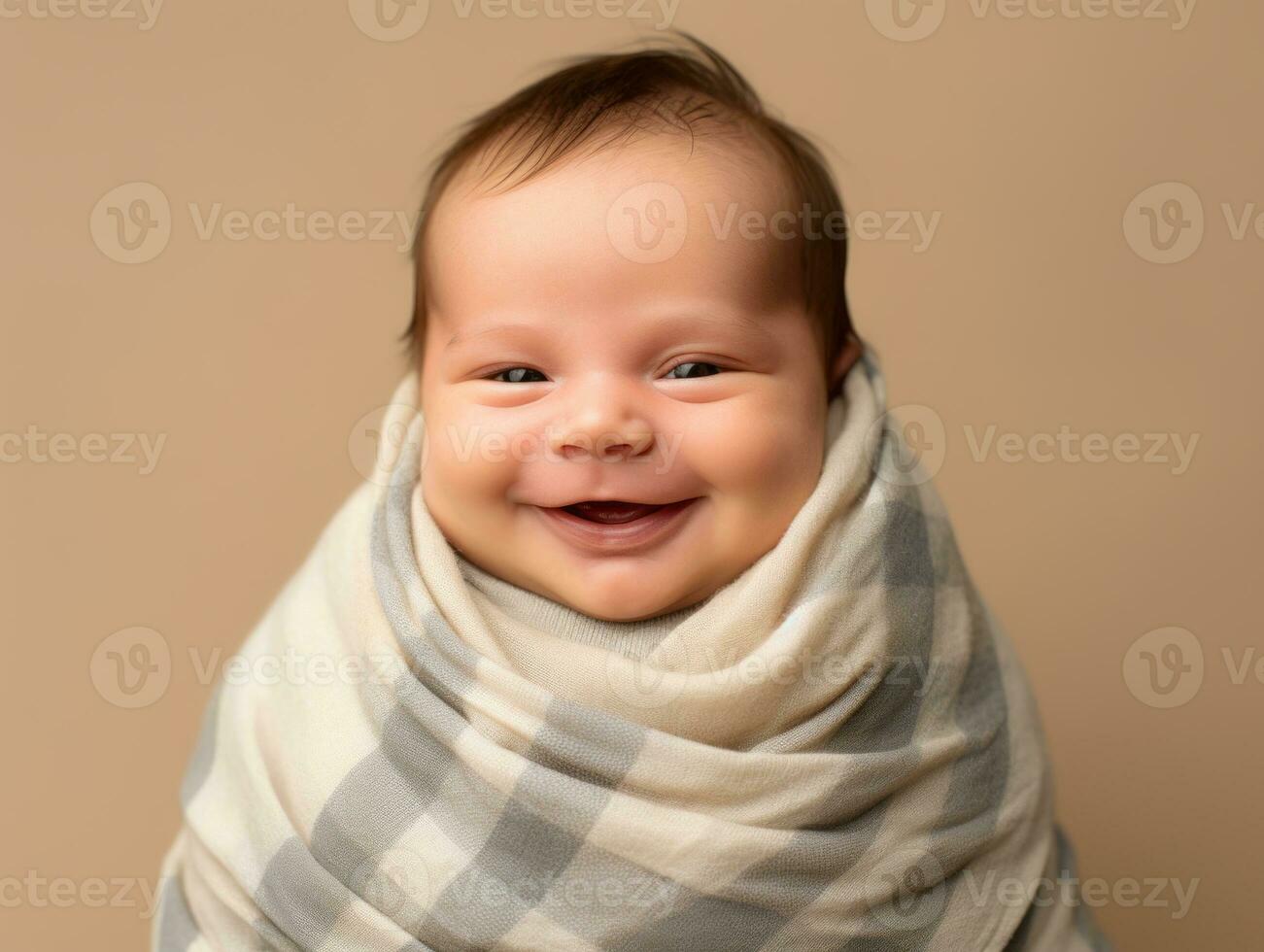 a smiling baby wrapped in a blanket on a brown background generative ai photo