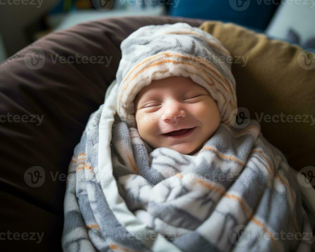 a smiling baby wrapped in a blanket generative ai photo