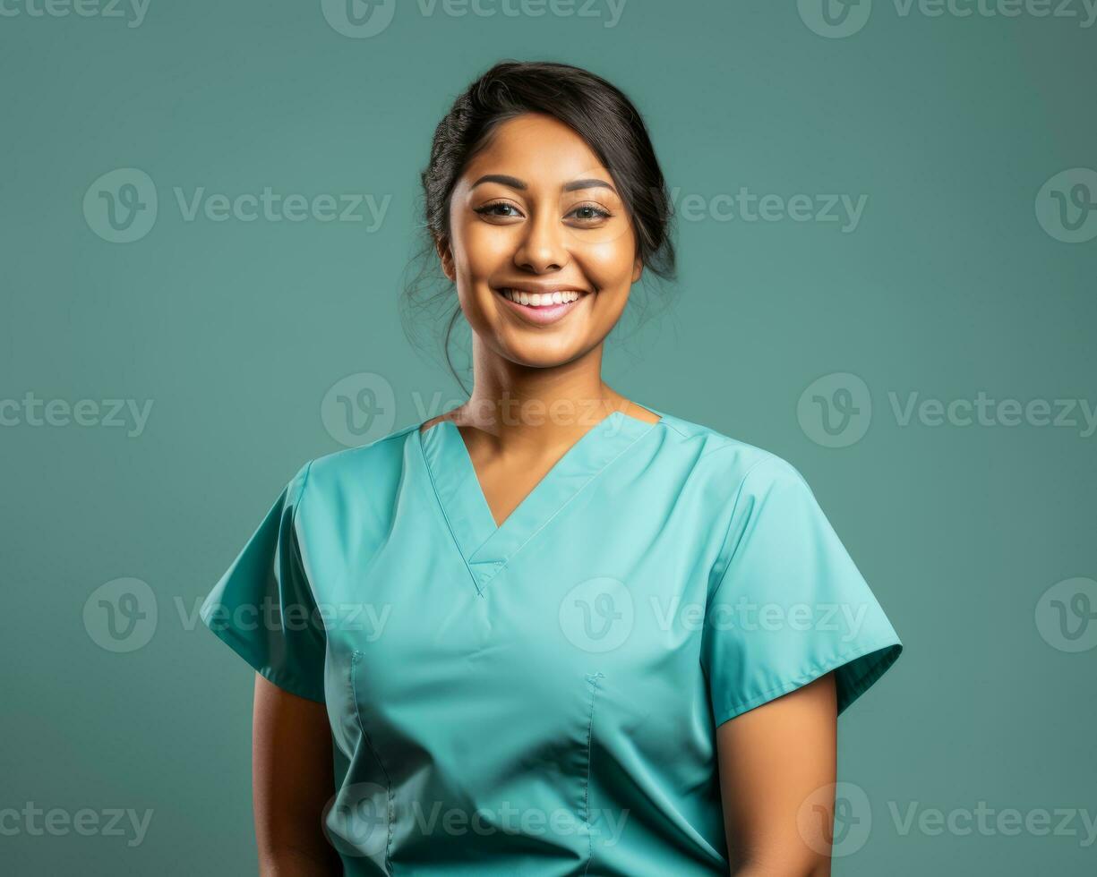 a smiling female nurse in blue scrubs standing against a green background generative ai photo