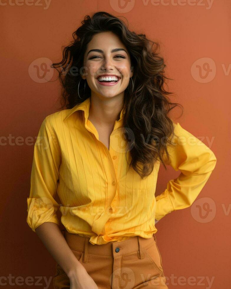 a smiling woman in a yellow shirt and brown pants generative ai photo