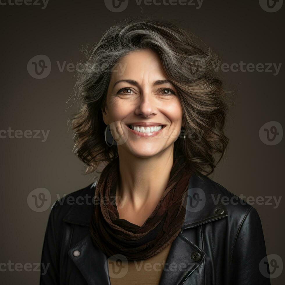 a smiling woman in a leather jacket and scarf generative ai photo